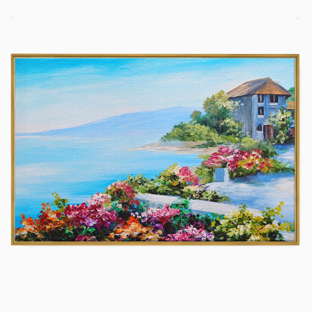 Tablou canvas cu tablou pictura cu flori si mare, in rama de aluminiu auriu